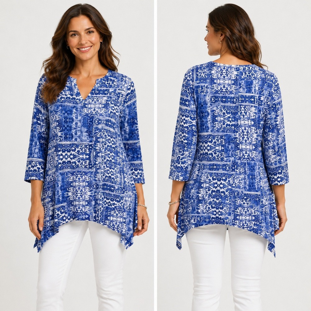 Chicos Womens 0 S Blue White Patchwork Tile Print V Neck Asymmetrical Tunic Top
